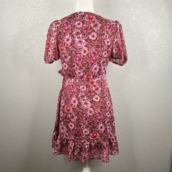 Mi Ami for Francesca Burgundy & Pink Floral Gold Tinsel Cottagecore Wrap Dress S - Picture 4 of 6